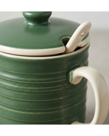 Ltvgx Horizontal Rib Lidded Ceramic Coffee Mug 13 oz Forest Cream - Detail view