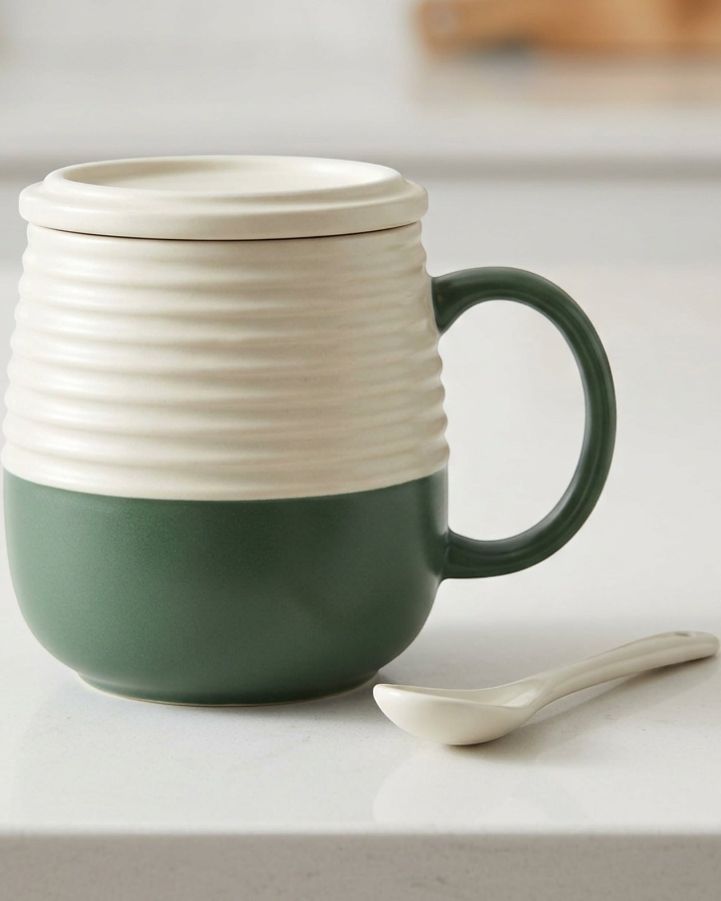 Ltvgx Horizontal Rib Lidded Ceramic Coffee Mug 13 oz Forest Cream - Lifestyle view
